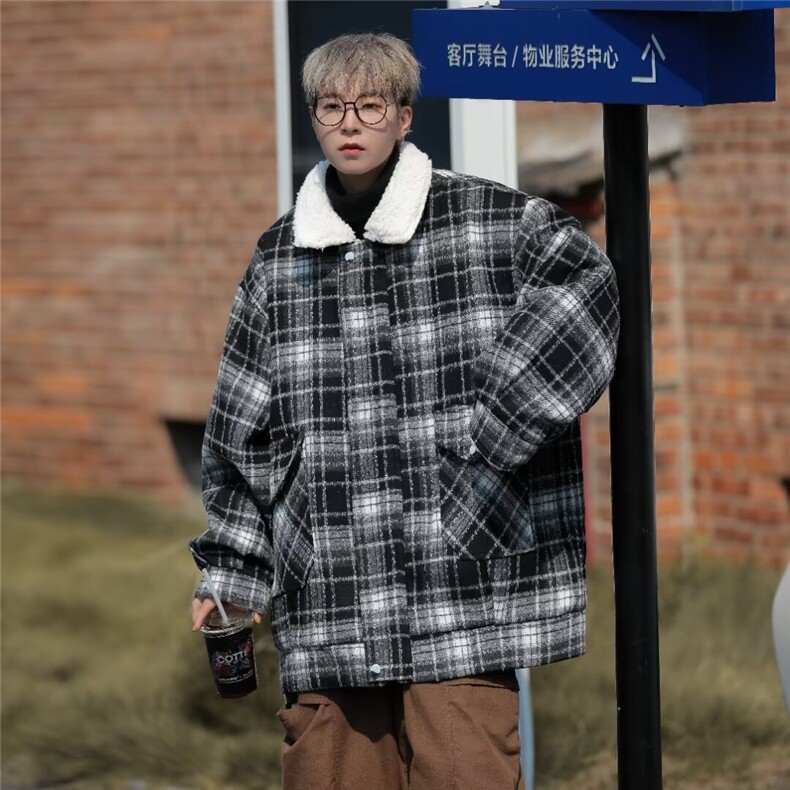 黑色羊羔毛外套男冬季美式高街格子棉服加绒保暖M9017-P85,男装夹克,星座1109-3