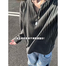 美式高街千鸟格子长袖T恤男女亨利V领英伦雅痞休闲宽松长袖打底衫，男装T恤，电商A486