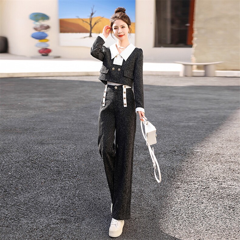 高级感洋气时尚套装女2024春秋季新款高腰显瘦小香风阔腿裤两件套,女装套装/套裙,伊仟回