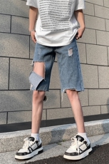 现货夏季破洞毛边五分牛仔裤浅蓝色乞丐中裤K065-K067-P35控58，男装牛仔裤，星座205