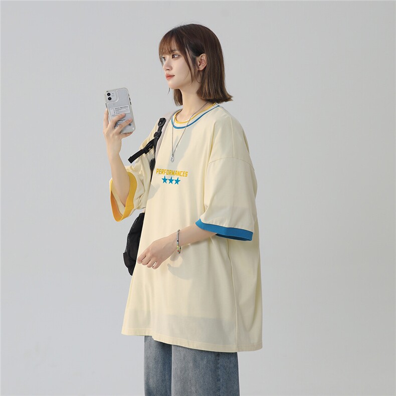 2025夏季新款拼色清新学院风宽松圆领短袖T恤T1036/P45控59-100棉,男装T恤,电商A148-1