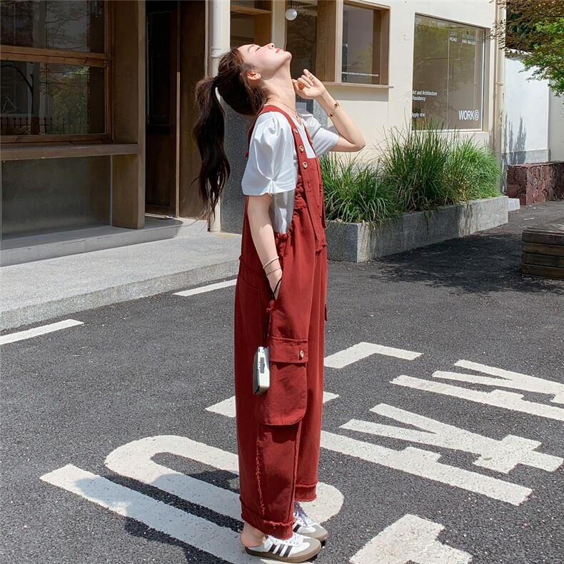 红色设计感工装背带裤女2025夏新款韩版显瘦学院风减龄休闲连体裤,女装连衣裙,2C050