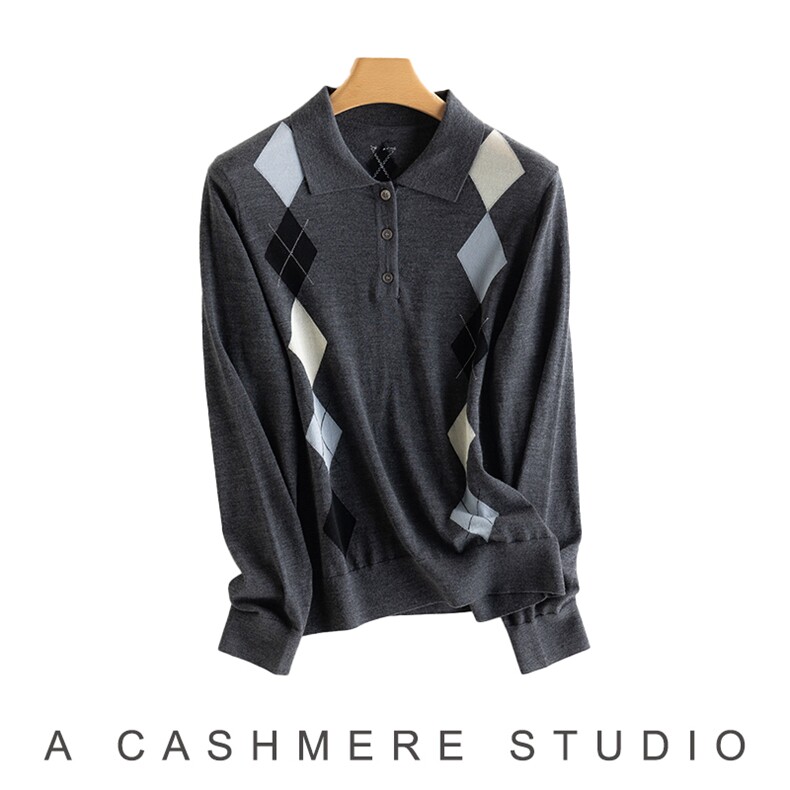2025年秋季时尚百搭通勤简约休闲polo领菱形格长袖，女装羊毛衫，致织羊绒