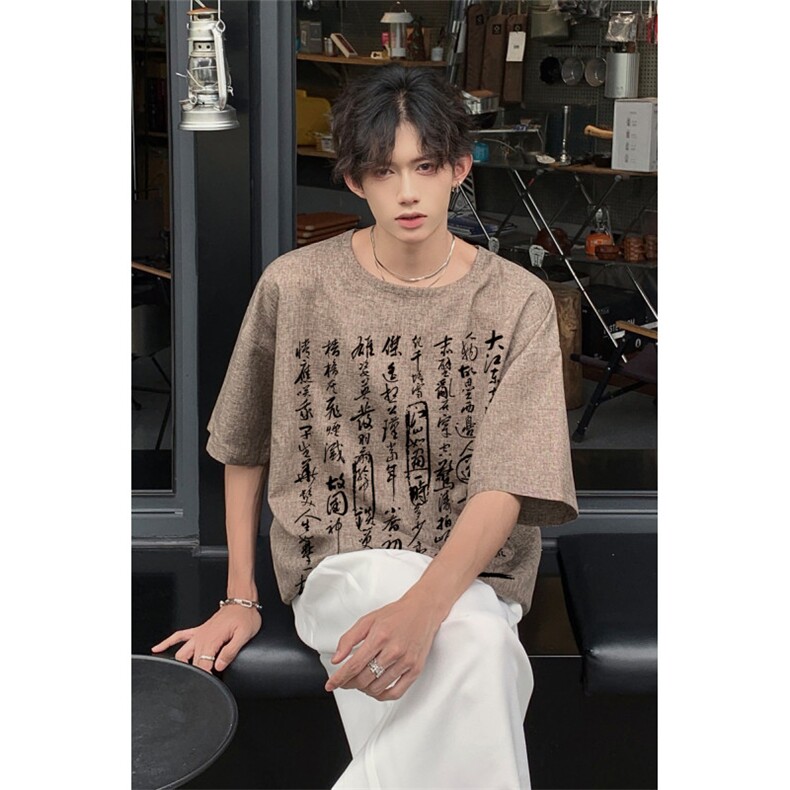 已做版权 现货 新中式棉麻书法宽松亚麻大码短袖男 MT23-P35 控58图片