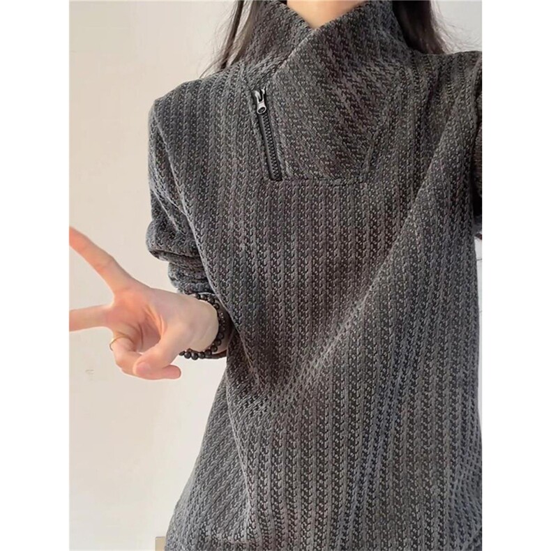高品质春装新款老钱风美式高街鱼骨纹斜拉链解构高领卫衣长袖t恤,男装T恤,电商A486