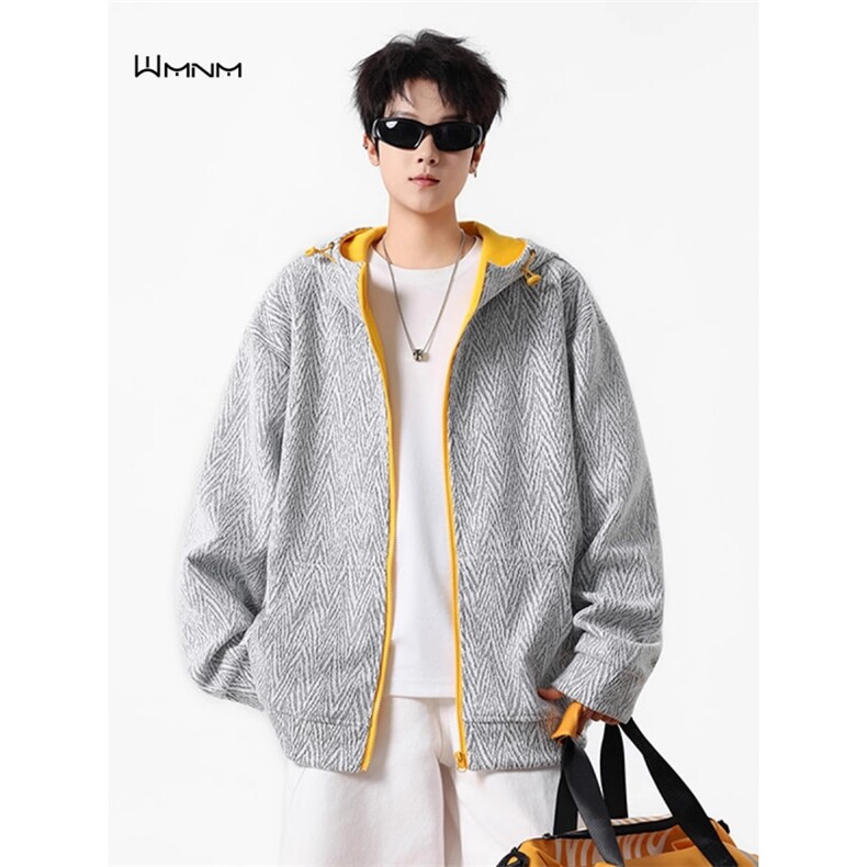美式拼接人字纹开衫卫衣男款秋重磅连帽拉炼运动外套WYM17P57，女装短外套，星座1013-5