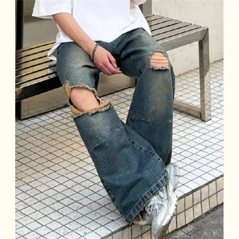 破洞直筒牛仔裤男宽松高腰复古小众扎染设计感阔腿裤YA9069-P45,男装牛仔裤,星座208-5