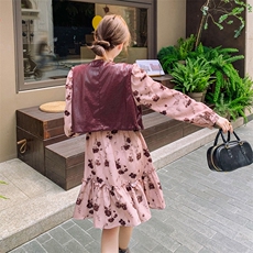24秋新安哥拉红PU皮马甲+玫瑰花连衣裙两件套2C239-SS20-P160K238，女装套装/套裙，2C239