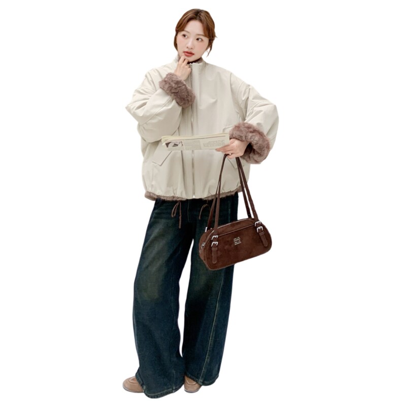 小众设计感两面穿棉服女冬季短款小个子韩版加厚羊羔毛保暖外套,女装派克服,2C166