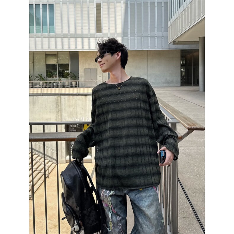 C316T9931P48初秋新款破洞长袖T恤宽松防晒军绿色条纹男,男装防晒衣,电商C316