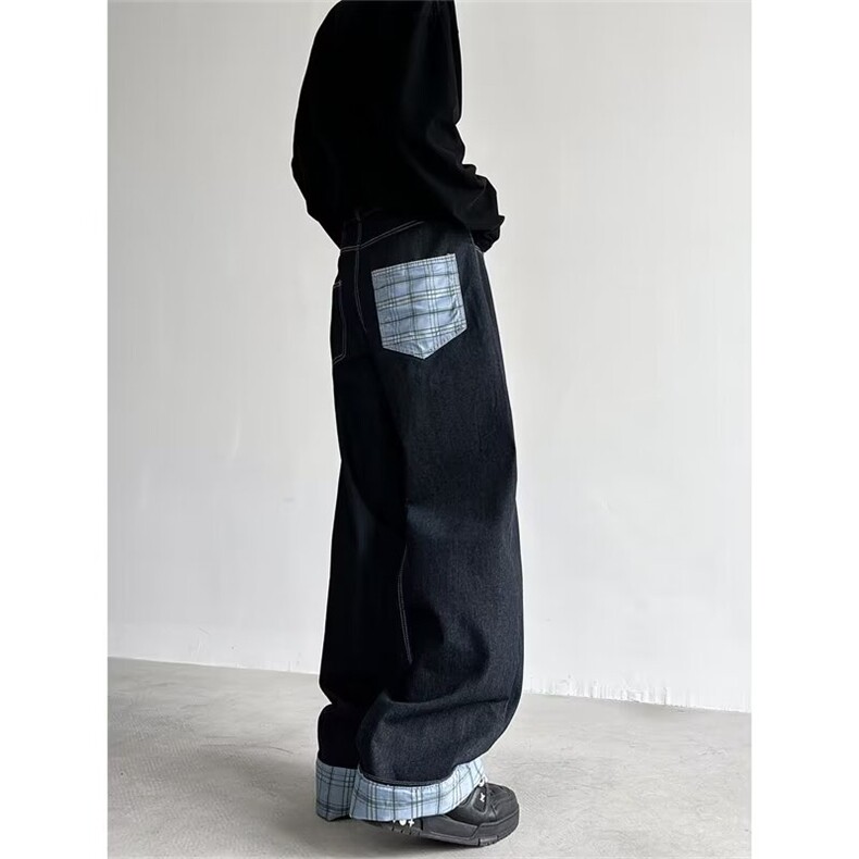 街头格子拼接卷边牛仔裤男女裤阔腿直筒宽松情侣裤NT1730-P48有货，男装牛仔裤，星座302B