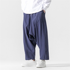 24秋装大码风拼接休闲裤复古棉麻哈伦阔腿裤日系K265/P60，男装休闲裤，钱塘713
