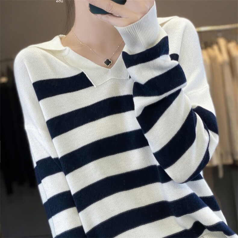 羊范禾家2025春季新款精纺羊毛针织衫女海军领撞色毛衣减龄海魂衫,针织衫/毛衣,雪真羊绒