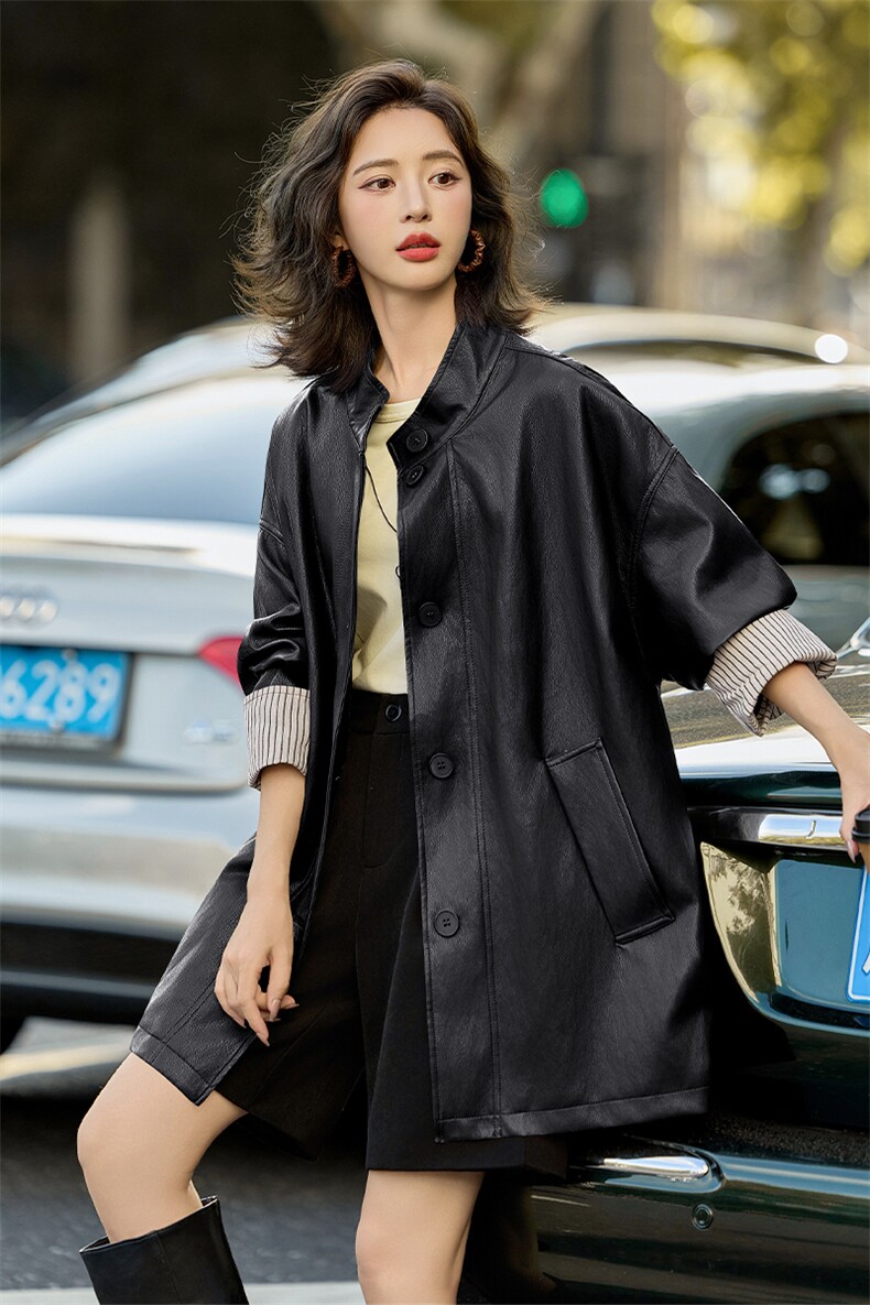 时髦皮衣外套女2025春秋新款休闲气质宽松立领PU皮夹克高级感上衣,女装皮衣,美拉德工厂直营店