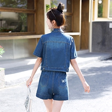 牛仔短裤套装女时尚洋气时髦2025新款夏季薄款刺绣小个子两件套，女装套装/套裙，意芙