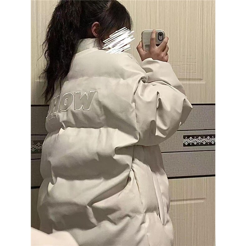 学院风立领保暖pu皮字母刺绣棉服女冬季新款学生复古宽松棉衣外套图片