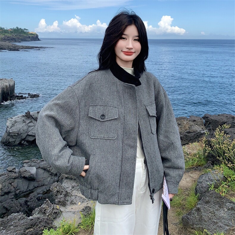 现货：冬装新款复古韩系撞色毛呢羽绒服2C135-8927P285K428,女装羽绒服,2C135
