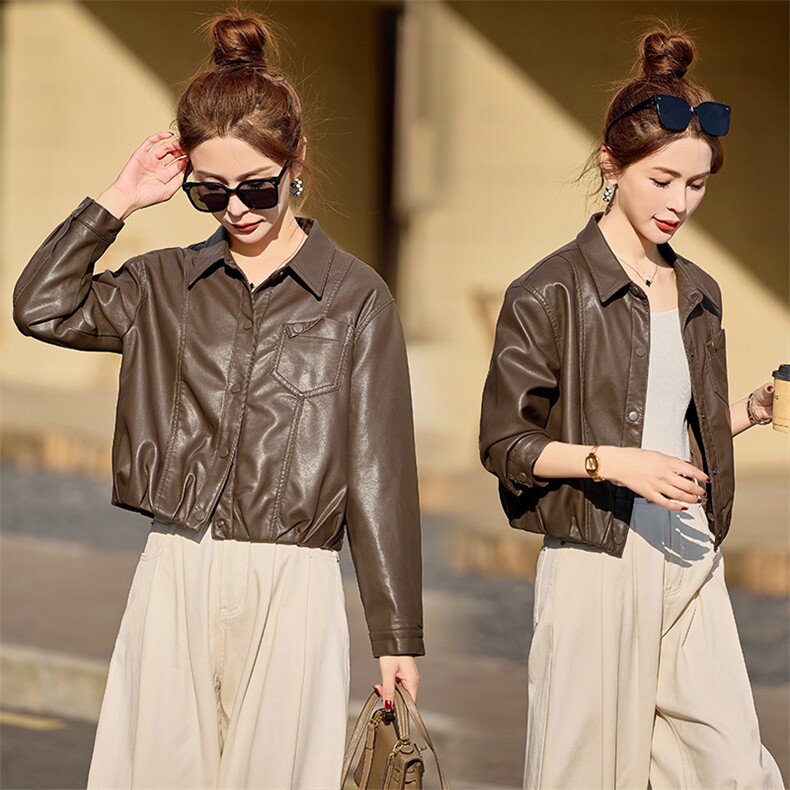 短款长袖方领POLO领常规立领皮衣上衣皮夹克女装春秋显瘦短款休闲，女装皮衣，魅衣本色