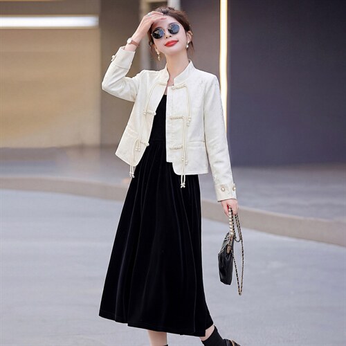 现货新款春秋装复古新中式盘扣外套连衣裙女装气质可组合套装裙，女装套装/套裙，韩美纤衣