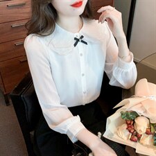 春季新款雪纺衫长袖设计感甜美娃娃领衬衫白色洋气上衣，女装衬衫，美吧服饰