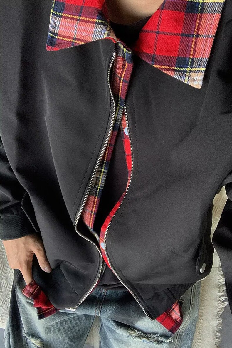 格子拼接假两件外套男潮牌设计感痞帅翻领夹克春季时尚情侣棒球服,男装夹克,星座218-8