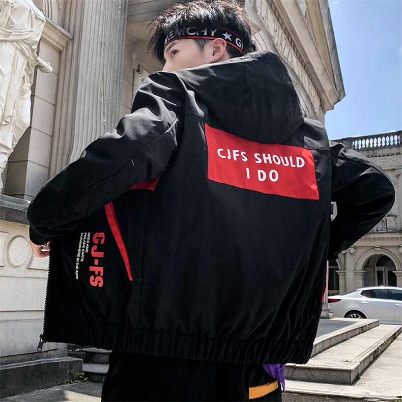 青少年时尚连帽字母印花外套春季新款潮男个性撞色夹克605,男装夹克,电商A128