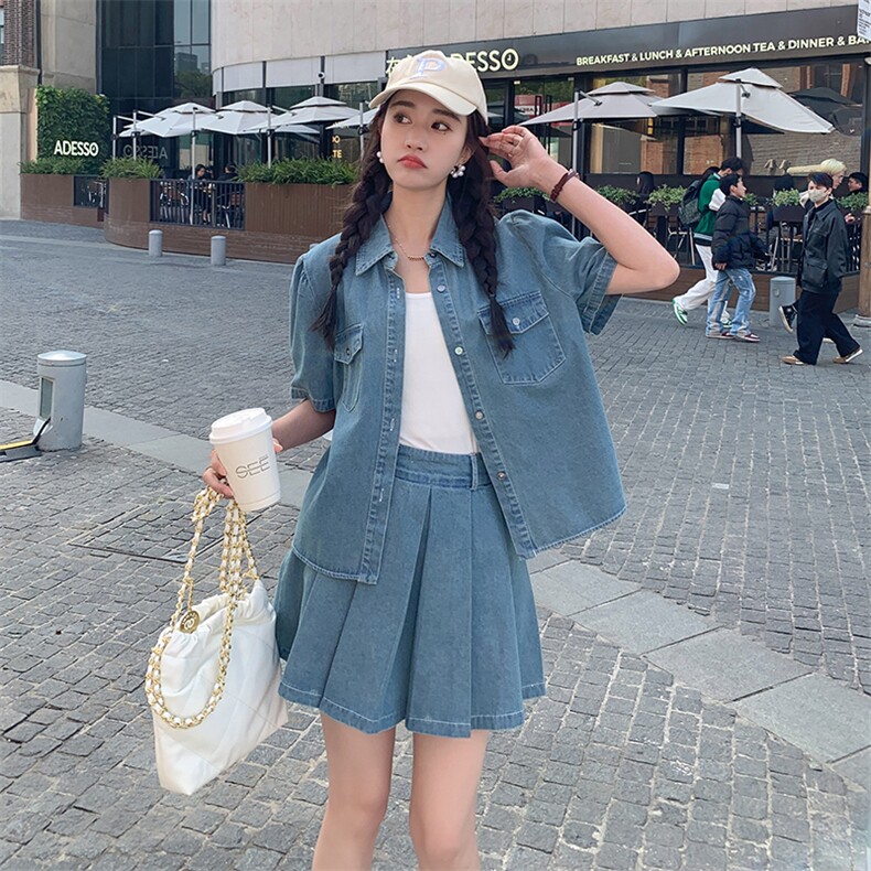 2023年夏季新款韩版休闲百搭牛仔短袖衬衫百褶裙半身裙两件套女,女装套装/套裙,一九零