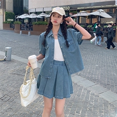 2023年夏季新款韩版休闲百搭牛仔短袖衬衫百褶裙半身裙两件套女，女装套装/套裙，一九零