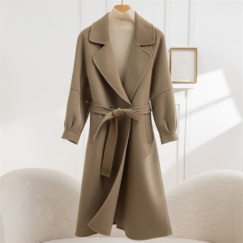 2025年秋季长袖常规通勤简约时尚百搭柔软中长款系带大衣，女装毛呢外套，怡欣双面呢工厂店