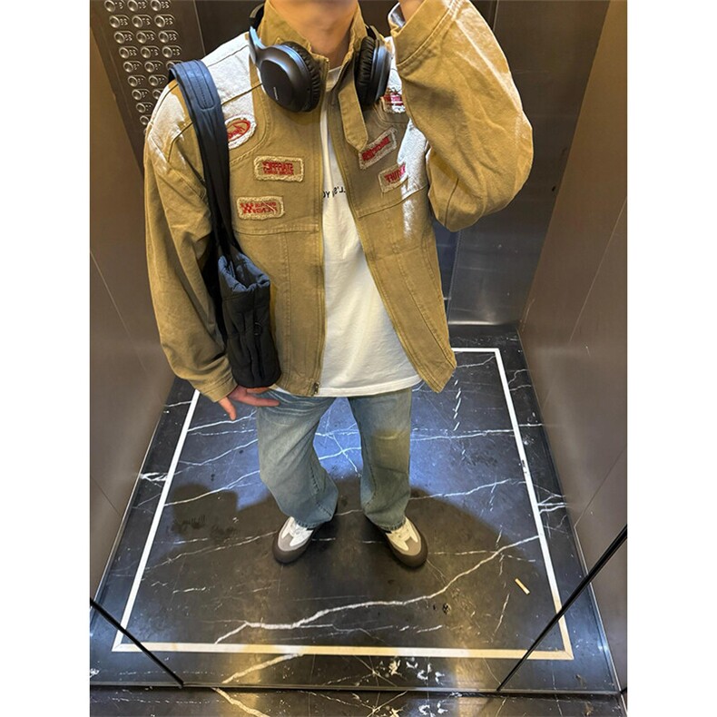 美式机车风贴布字母刺绣立领夹克复古工装外套JKJ41特P60,男装夹克,星座908-1