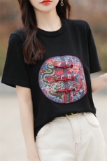 新中式刺绣短袖T恤女夏季圆领套头宽松显瘦百搭盘扣潮上衣，女装针织衫/毛衣，萱芳婷羊绒