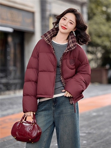 时尚格子拼接立领短款羽绒服女2025冬季新款洋气小个子白鸭绒外套图片