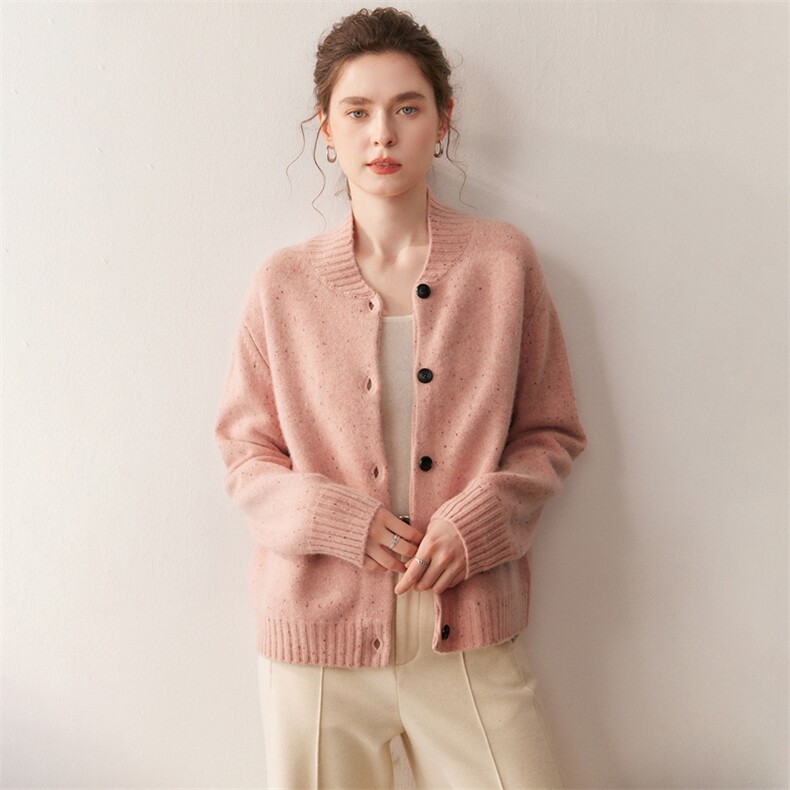 点子纱棒球服山羊绒开衫女休闲减龄加厚宽松毛衣外套2025秋冬针织,针织衫/毛衣,朵沐纯羊绒