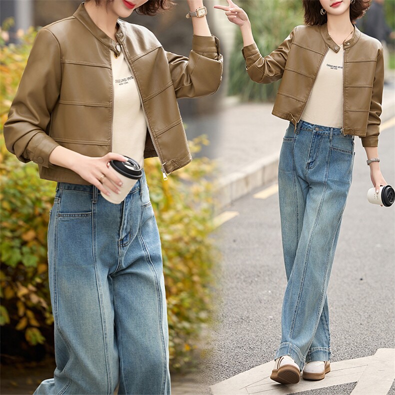 2025春秋季新款皮衣外套女短款立领时尚休闲小个子机车皮夹克上衣，女装皮衣，跑量工厂店