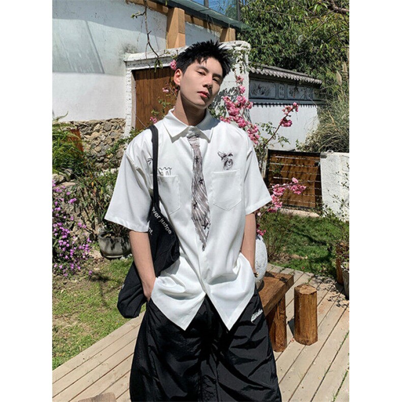 创意设计感领带涂鸦白色衬衫短袖男女夏季趣味学院风衬衣C384,男装T恤,星座1116A（原606A-3）