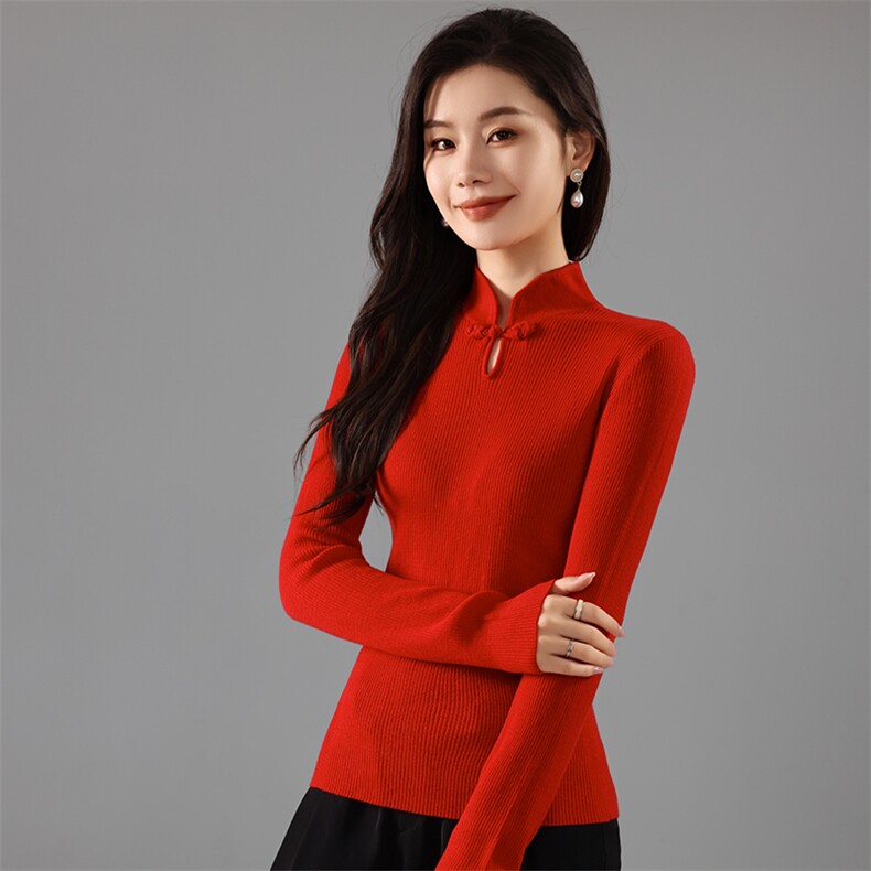 秋季新中式100羊毛半高旗袍领针织打底衫女中国风套头毛衣修身,针织衫/毛衣,奢优羊绒