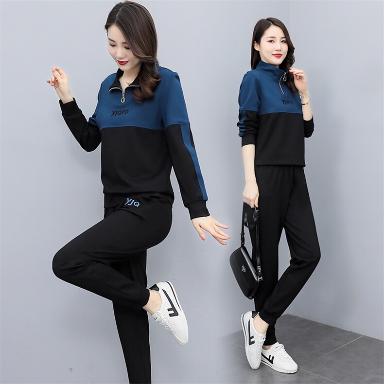 运动服套装女2024新款秋季休闲拼接撞色显瘦长袖卫衣卫裤两件套,女装套装/套裙,雅佳俏