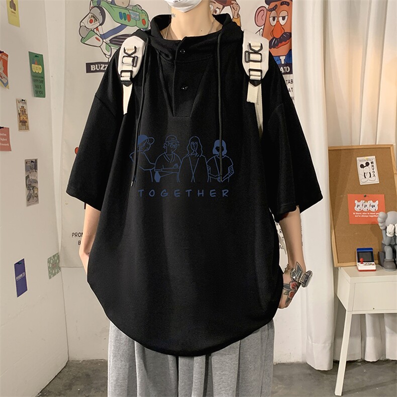LD54191-P45连帽短袖t恤男大码胖子带帽五分袖中袖,男装T恤,电商A040