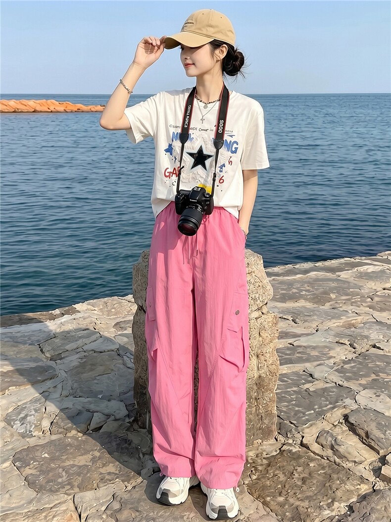 韩版休闲时尚套装女夏款个性简约圆领星星印花上衣工装长裤两件套,女装套装/套裙,江南