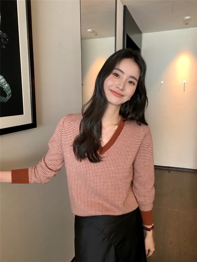V领女秋冬复古设计感针织衫上衣百搭,针织衫/毛衣,玛卡隆羊绒
