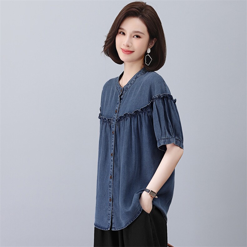 时尚宽松牛仔短袖衬衫夏季百搭休闲女装上衣,女装牛仔外套,悦见她