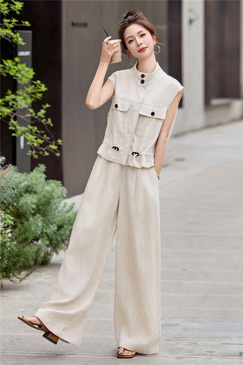 2026夏新款亚麻抽绳马甲百搭阔腿裤套装,女装套装/套裙,瑶迪依秀