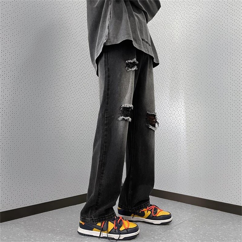 牛仔裤炸街风破洞补丁男裤灰色复古水洗做旧B225-K2389-P63-X78,男装牛仔裤,电商B225