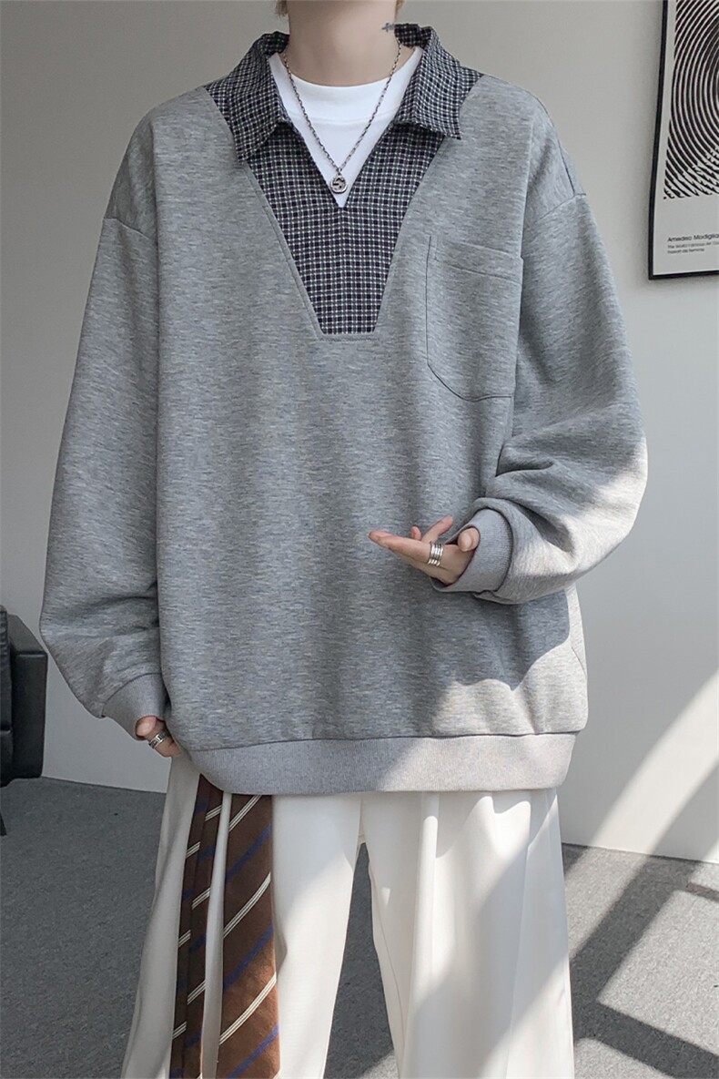 WY10153-特P48控88小众撞色面料拼接格子假两件大码男宽松卫衣,男装卫衣,电商A059