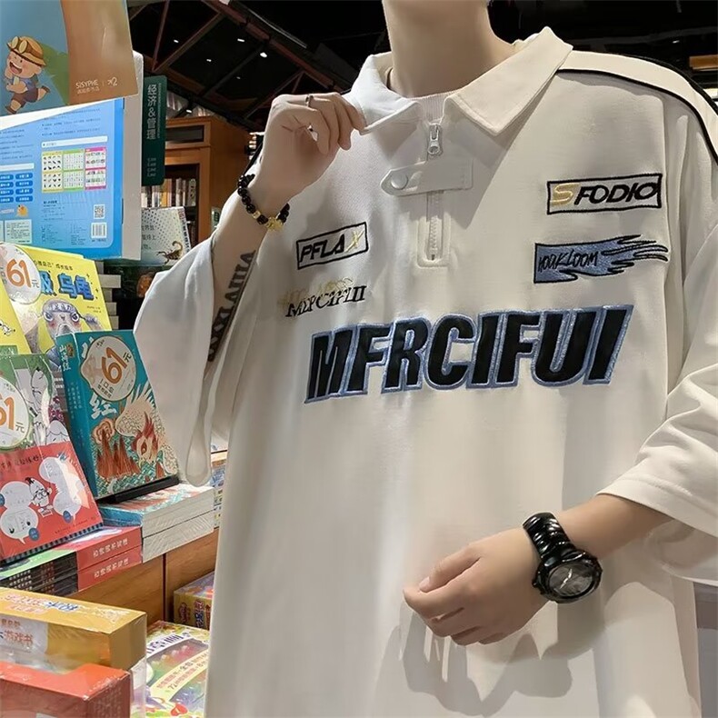 美式棒球领短袖T恤男潮牌宽松高街袖polo衫1001-1-PL017-P35，男装Polo衫，星座1001-1