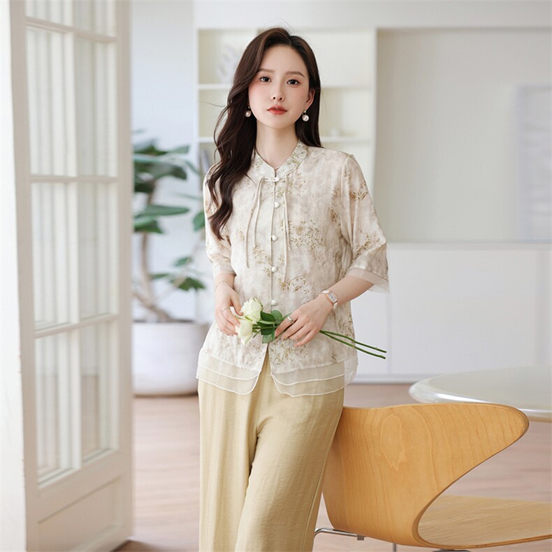 2024夏季新款优雅印花女装衬衫轻薄透气显瘦设计,女装衬衫,千千佰惠