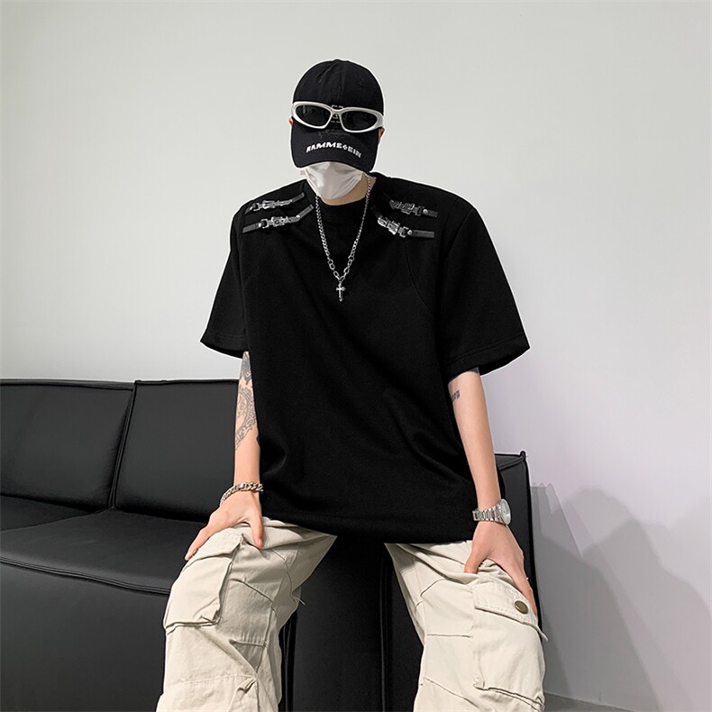 潮流金属扣拼接结构设计感圆领短袖纯色宽松T恤男T310-P45控68,男装T恤,星座310A-3