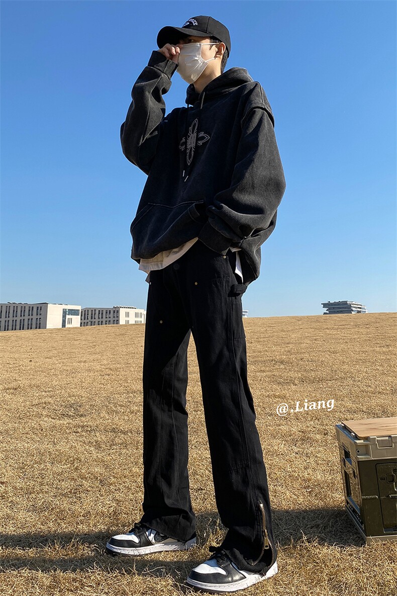 高街牛仔裤黑白色拉链款微喇叭裤715-6-BX08P65（控88）,男装牛仔裤,星座715-6