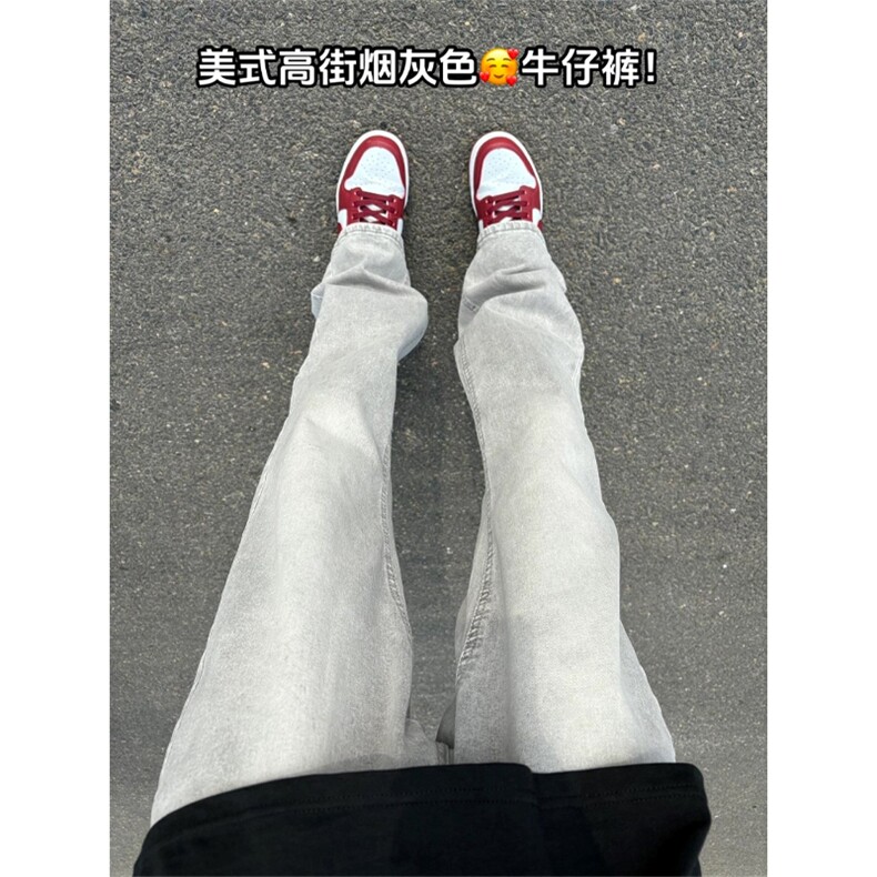 有货】烟灰色弯刀牛仔裤cleanfit裤子美式高街vibe微喇K906LL-P53图片