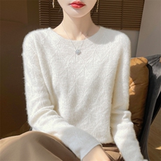 时尚百搭粉色羊毛衫女秋冬季新款简约休闲镂空花纹长袖针织衫，女装羊毛衫，暖娇绒
